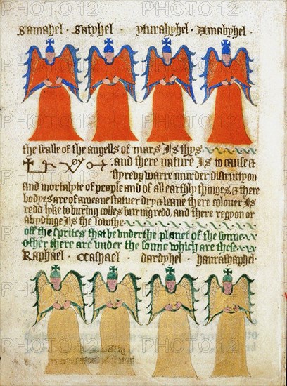 The red angels of Mars and the golden angels of the sun. ?From "The Sworn Book of..., 15th century. Creator: Unknown artist.