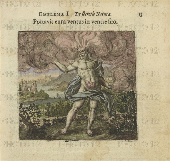 Emblem 1. The wind carried him in his belly. From "Atalanta fugiens" by Michael Maier, 1618. Creator: Merian, Matthäus, the Elder (1593-1650).