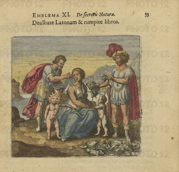 Emblem 11. Machet knows the Latona and tears up the books, 1618. Creator: Merian, Matthäus, the Elder (1593-1650).