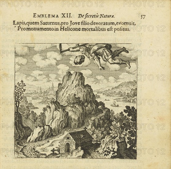 Emblem 12. The stone that Saturn ate and spat out before Jupiter's son is remembered..., 1618. Creator: Merian, Matthäus, the Elder (1593-1650).