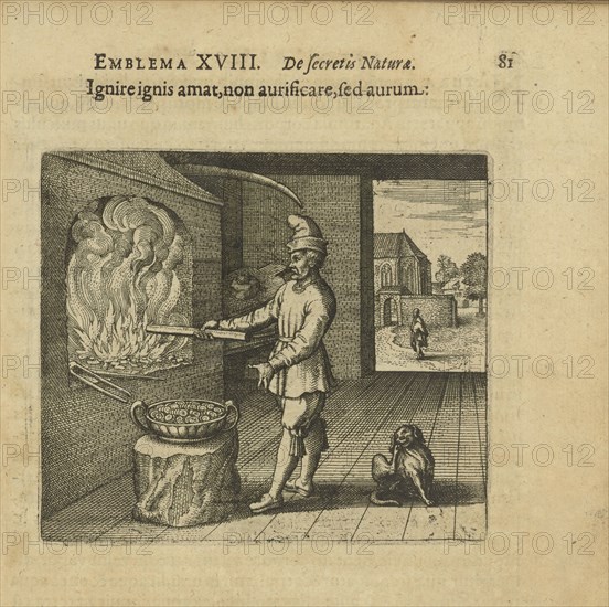 Emblem 18. Fire makes fiery, not gold, but gold. From "Atalanta fugiens" by Michael Maier, 1618. Creator: Merian, Matthäus, the Elder (1593-1650).