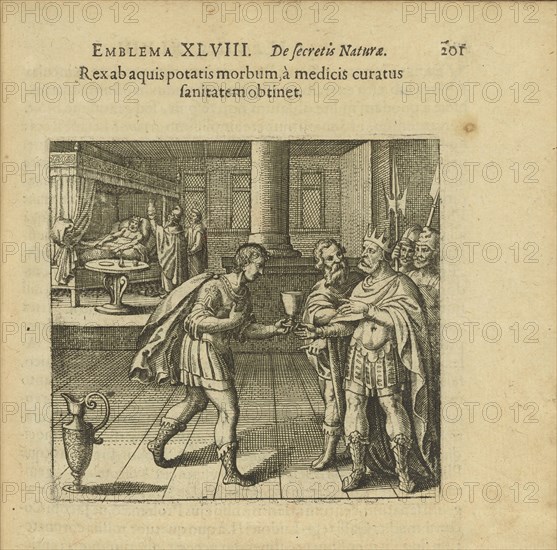 Emblem 48. The king gets an illness from drinking water, but when healed by doctors he..., 1816. Creator: Merian, Matthäus, the Elder (1593-1650).