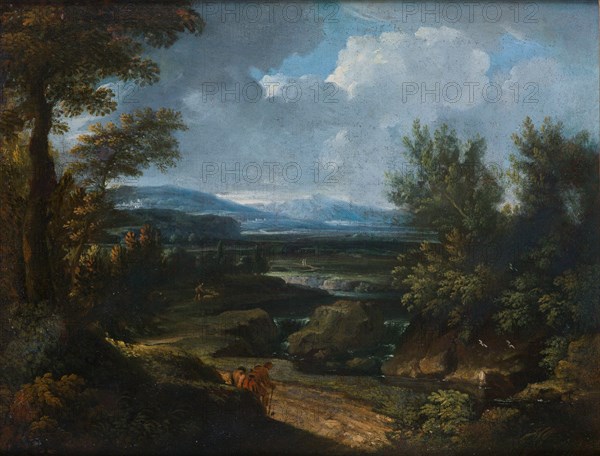 Landscape with village, waterfall and shepherd. Creator: Dughet, Gaspard (1615-1675).