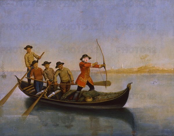 Goosander hunting (La caccia allo smergo), c.1760. Creator: Longhi, Pietro (1701-1785).