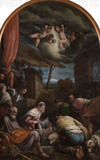 The Adoration of the Shepherds with Saints Victor and Corona, 1568. Creator: Bassano, Jacopo, il vecchio (around 1510-1592).