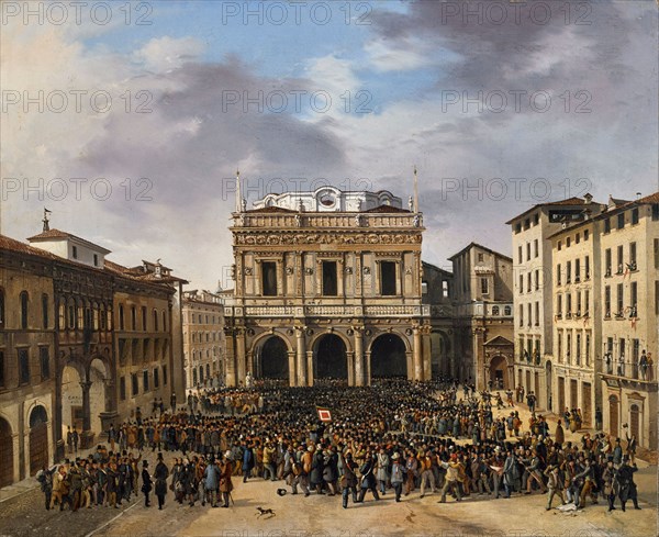 The Brescians gather in Piazza della Loggia on March 23, 1849, 1849. Creator: Joli, Faustino (1814-1876).