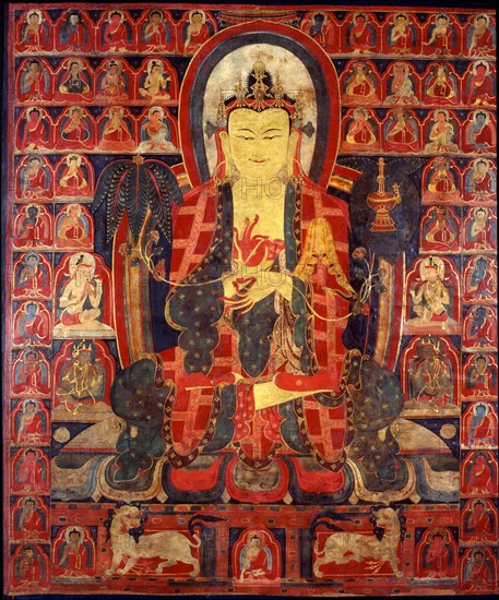 Maitreya with the thirty-five Buddhas of forgiveness of sins and the master of the..., 15th cent. Creator: Tibetan Culture.