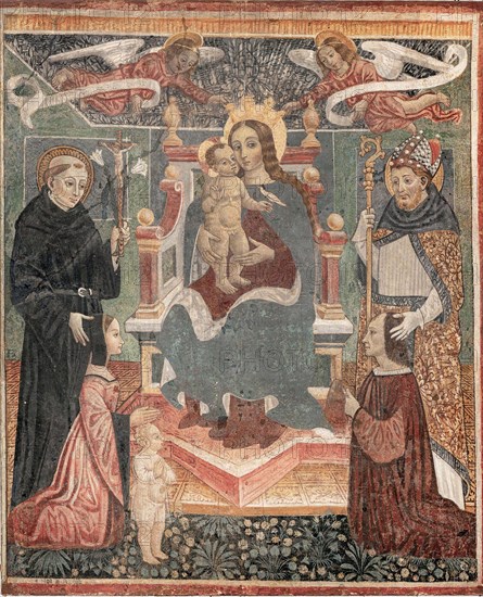 Enthroned Madonna and Child between Saint Nicholas of Tolentino and a bishop, with donors..., 1499. Creator: Cagnola (Cagnoli), Tommaso (vor 1479-um 1509).