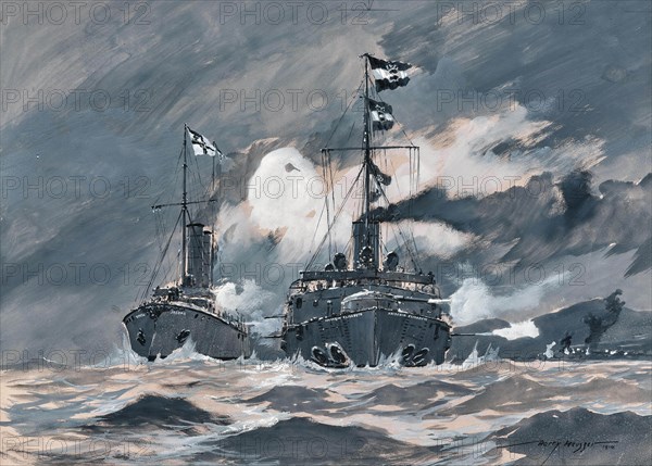 The last days of the cruiser Kaiserin Elisabeth in the fight against Japanese superiority..., 1914. Creator: Heusser, Heinrich (Harry) (1886-1943).
