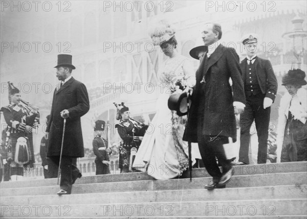 King Geo., Queen Mary, Earl Plymouth, Prince of Wales at opening "Festival of Empire", 1912. Creator: Bain News Service.