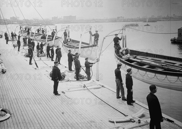 Drill, Holland America Line - life boats ready to launch, between c1910 and c1915. Creator: Bain News Service.