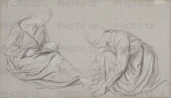 Studies Of Two Figures, One Seated With A Book, The Other Kneeling, c1895. Creator: Charles Shannon.