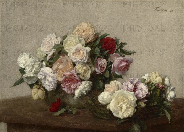 Roses In A Bowl And Dish, 1885. Creator: Henri Fantin-Latour.