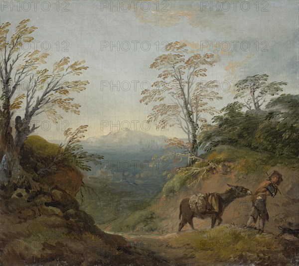 Wooded Landscape With A Boy Leading A Donkey And Dog, And An Extensive Panorama With..., early 1760s Creator: Thomas Gainsborough.