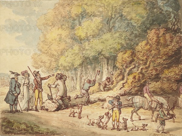 A Sportsman With His Family Instructing Woodmen To Chop Up A Felled Tree, c1816. Creator: Thomas Rowlandson.