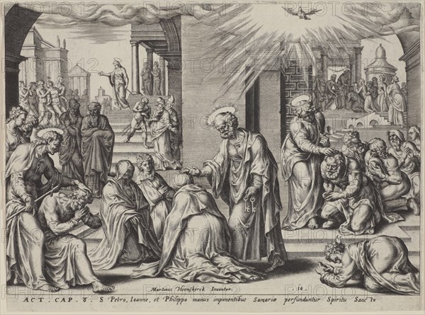 St Peter, St John and St Philip Laying Their Hands on the Baptised at Samaria. From: The Acts of The Creator: Philip Galle.