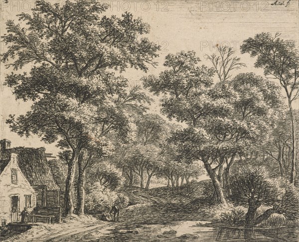 Six landscapes. Plate 2. Woman on a small bridge. (H34), 1640-1690. Creator: Anthonie Waterloo.