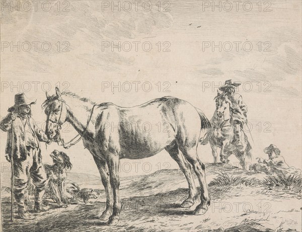 Horse, peasant, man and two dogs, 1651. Creator: Dirck Stoop.