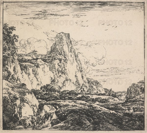 Eight landscapes. Plate 6. Mountainous landscape with tall cliffs, 1640-51. Creator: Herman Naiwincx.