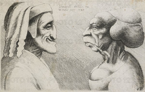 Caricatures and deformities after Leonardo. Two distorted heads, 1645. Creator: Wenceslaus Hollar.