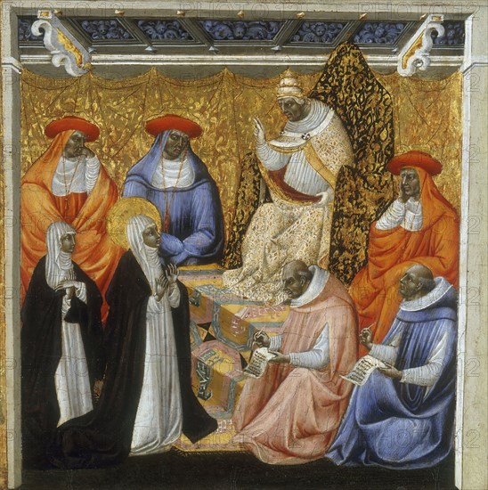 St. Catherine before the Pope at Avignon, 1460. Creator: Giovanni di Paolo.