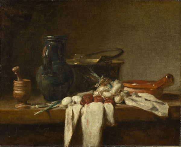 Still Life with Pestle and Mortar, Pitcher and Copper Cauldron, 1728. Creator: Jean-Simeon Chardin.