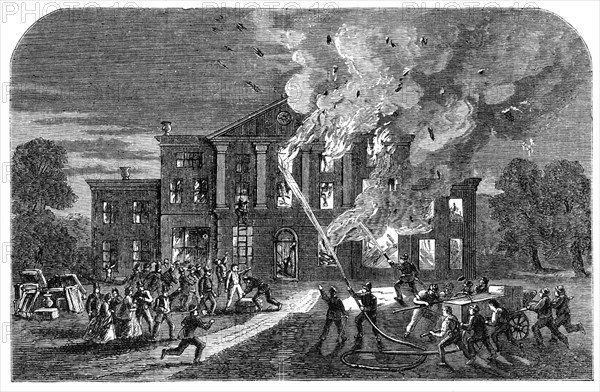 Burning of Pengwern Hall, near St. Asaph, the seat of Lord Mostyn, 1864. Creator: Unknown.