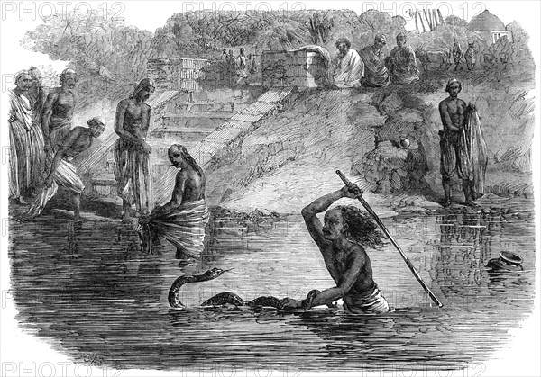 Hindoo bathers in the River Jumna surprised by a snake, 1864. Creator: J. A. B..