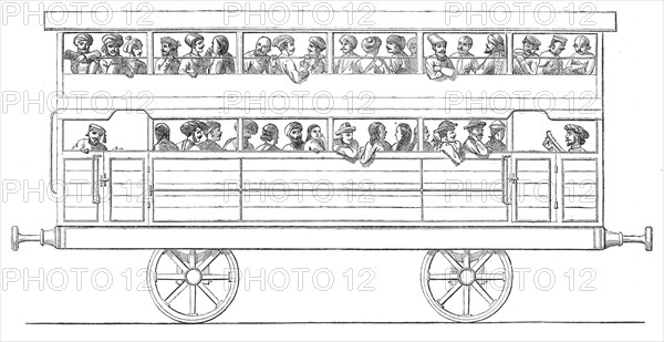 Two-storied third-class carriage on the Bombay, Baroda, and Central India Railway, 1864. Creator: Unknown.