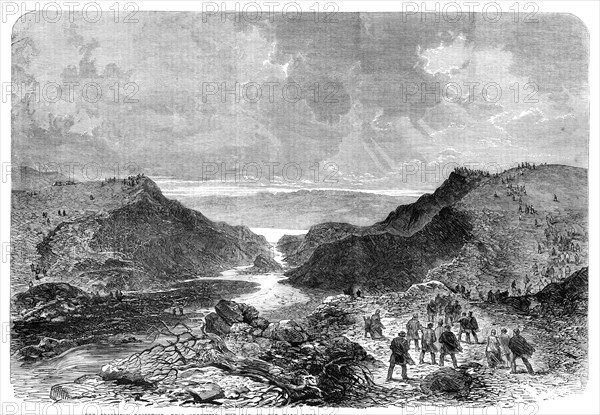 The Bradfield Reservoir, near Sheffield: the gap in the Dale Dyke embankment..., 1864. Creator: Unknown.
