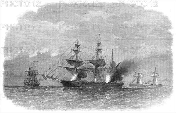 The Alabama destroying the Texan Star, or Martaban, in the Malacca Straits..., 1864. Creator: Unknown.