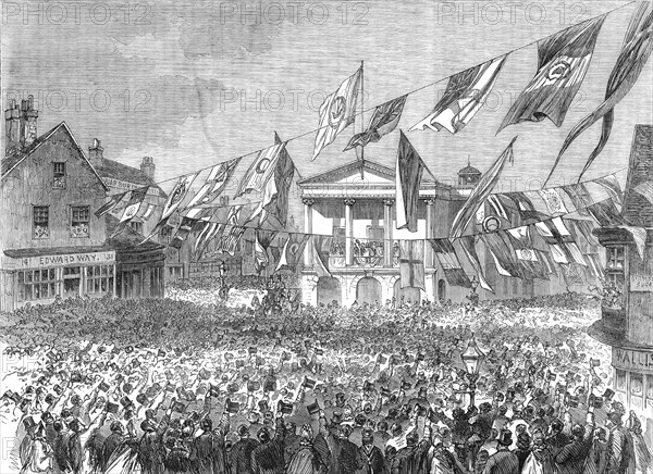 Garibaldi in England: Garibaldi in the balcony of the townhall of Newport, Isle of Wight, 1864. Creator: Unknown.