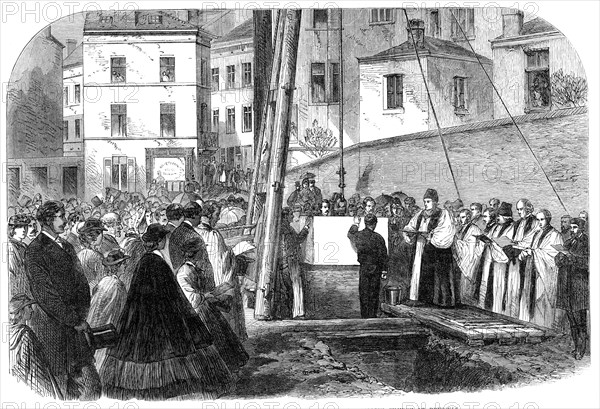 The Bishop of Oxford laying the foundation-stone of an English church at Brussels, 1864. Creator: Unknown.