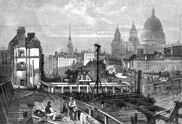 The railway works at Blackfriars and opening towards Ludgate Hill...from the temporary bridge, 1864. Creator: Mason Jackson.