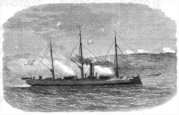 The War in Denmark: the Rolf Krake, Danish...gun-boat...engaging the Prussians before Düppel, 1864. Creator: Unknown.