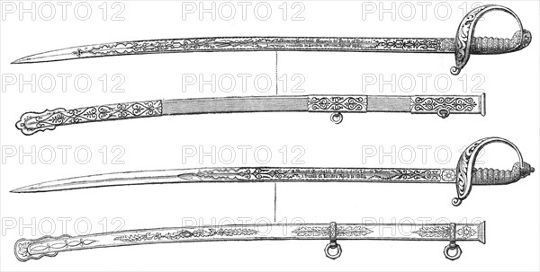 Swords presented to Garibaldi and his son Menotti at the Crystal Palace, 1864. Creator: Unknown.