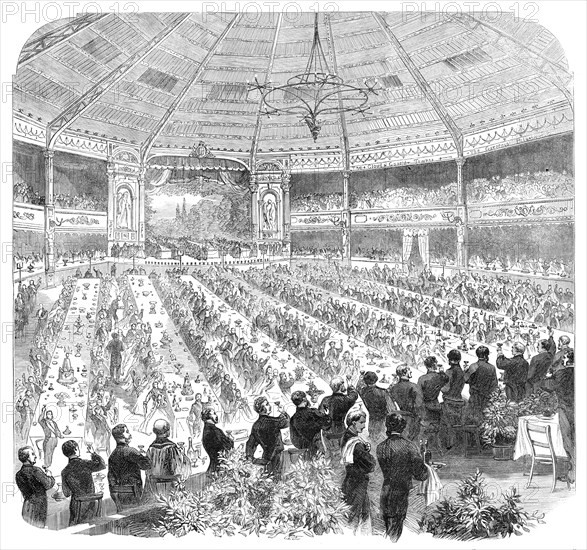 The Shakspeare Commemoration: banquet in the pavilion, Stratford-on-Avon...Earl of Carlisle..., 1864 Creator: Unknown.