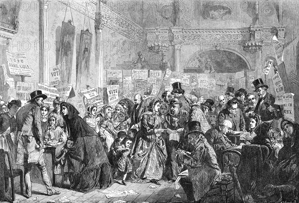 Infant Orphan Election at the London Tavern - Polling, by G.E. Hicks..., 1865. Creator: W Thomas.