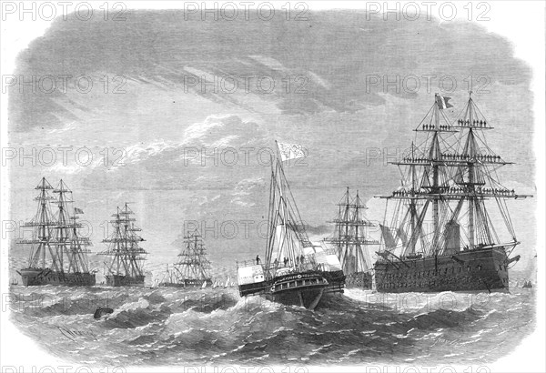 The Royal Yacht Osborne passing through...English squadrons of ironclads in Plymouth Sound, 1865. Creator: Smyth.