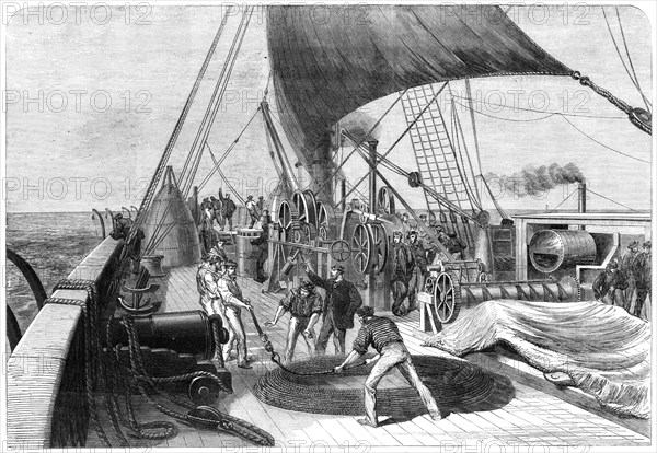 The Atlantic Telegraph Expedition: preparing for the final attempt to grapple the lost cable, 1865. Creator: Unknown.