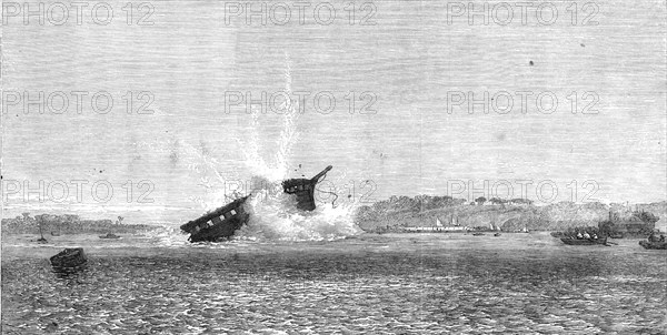 Experiments with torpedo-shells at Chatham: blowing-up of the Terpsichore by a 75-pounder, 1865. Creator: Unknown.