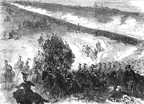 Review and Sham Fight of the Dover and Shorncliffe Garrisons at Round Down, Folkestone, 1865. Creator: Unknown.