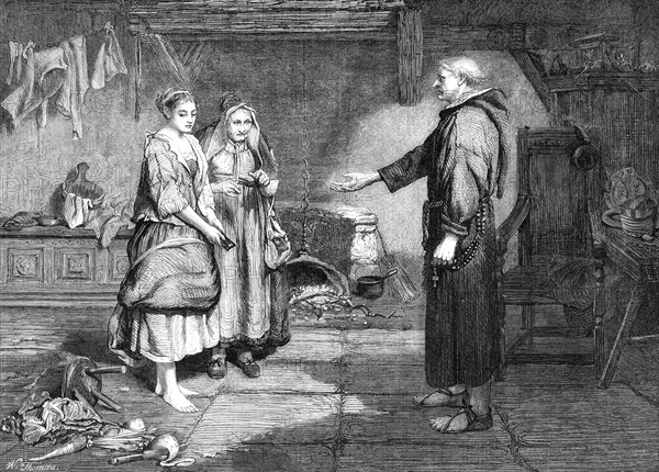 The Bible and the Monk, by J. Pettie, in the Winter Exhibition, Suffolk-Street, 1865. Creator: W Thomas.