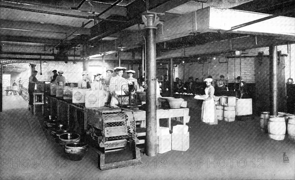 Where machinery is paramount: filling and weighing packages of lard, 1909. Creator: Unknown.