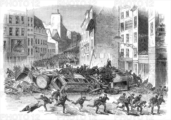 The Disturbances in Paris: barricade in the Faubourg du Temple, 1870. Creator: Unknown.