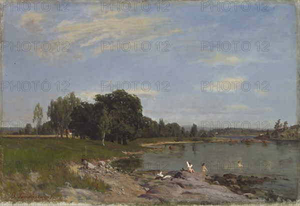 Beach landscape, bathing children, 1872. Creator: Berndt Lindholm.