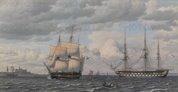 Russian sailing ships at the mouth of Helsingør harbor, 1826. Creator: CW Eckersberg.