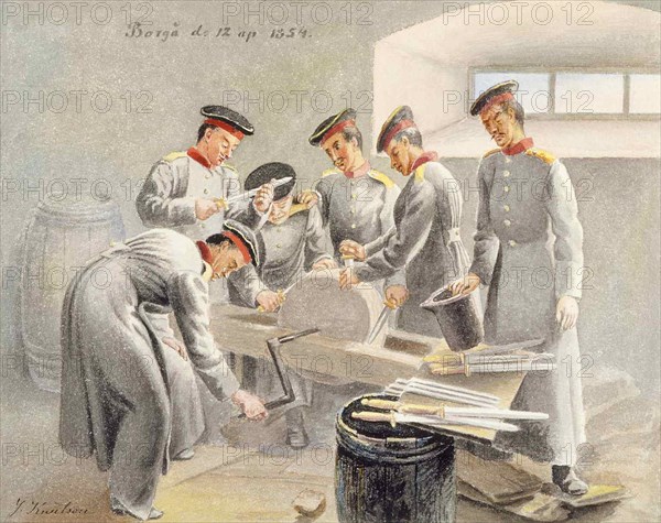 Sharpening swords, 1854. Creator: Johan Knutson.