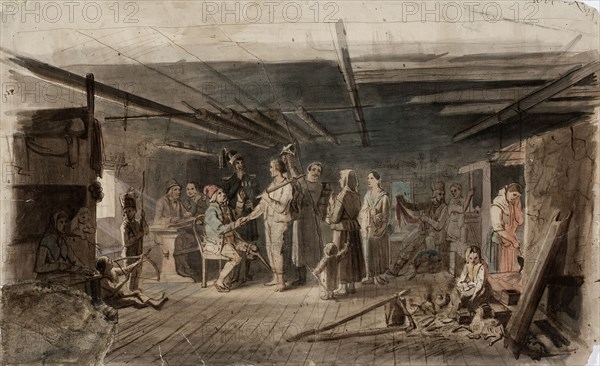 Painting in a gloomy peasant's seat, sketch for an oil painting painted for the Russian..., 1851. Creator: Robert Wilhelm Ekman.