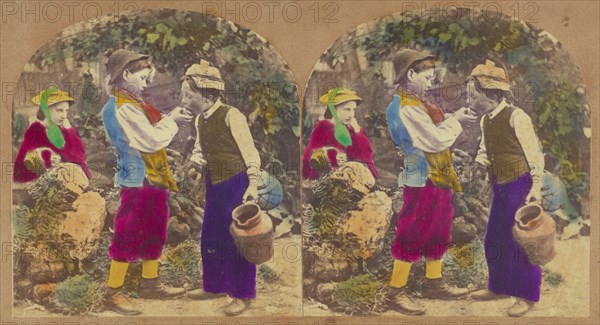 One boy feeding another, little girl looking on, about 1860. Creator: New York Stereoscopic Company.